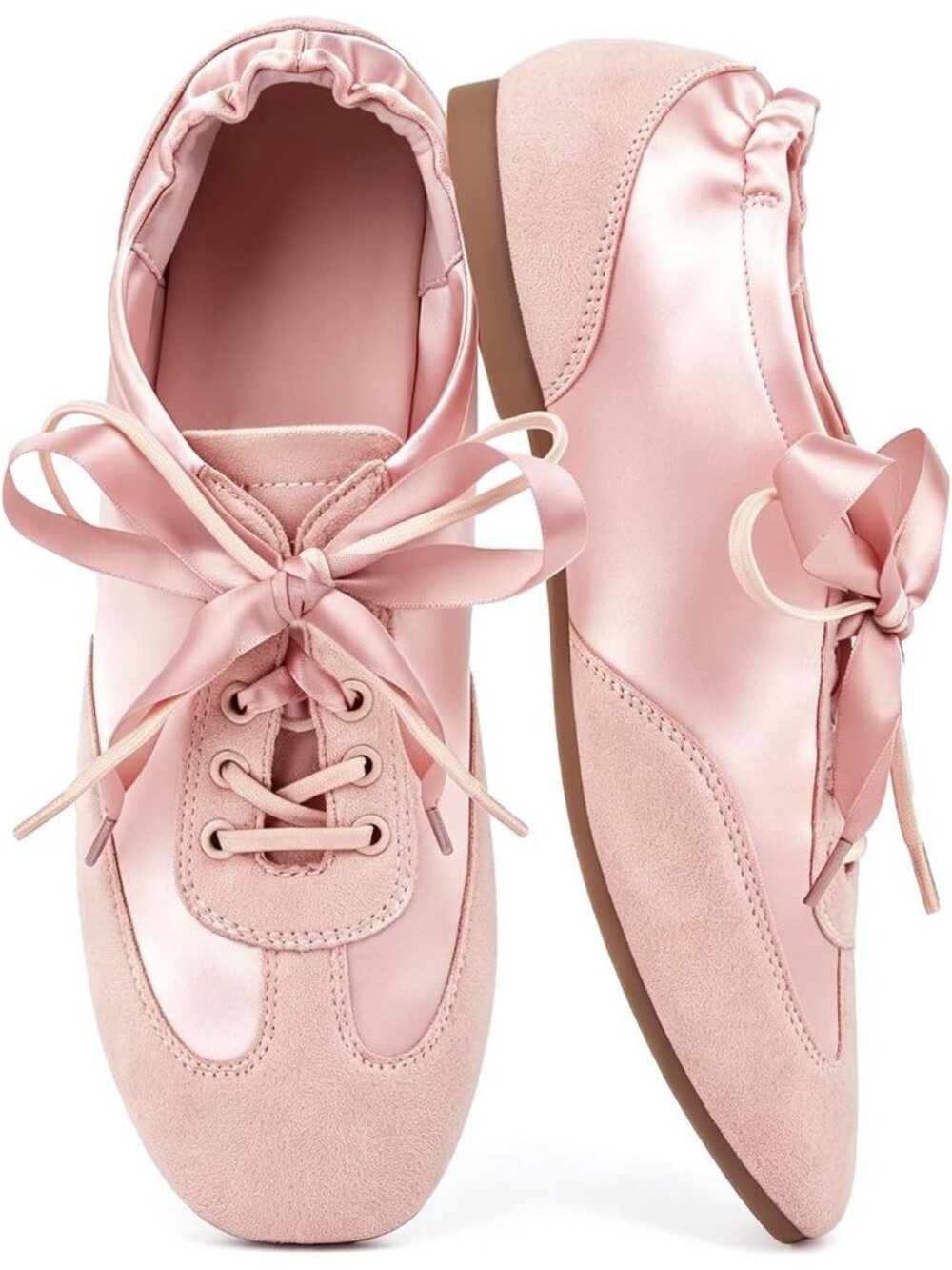 Women's Pink Satin Lace Up Lightweight Slim Comfort Ballerina Flat Sneakers